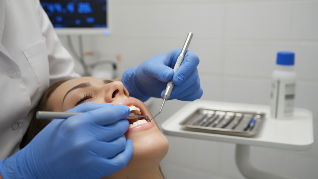 Dentist gently examining patient’s teeth during a routine dental checkup.