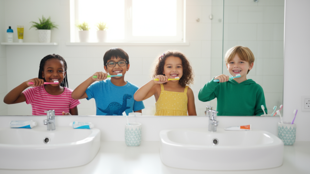 Children learning good brushing habits